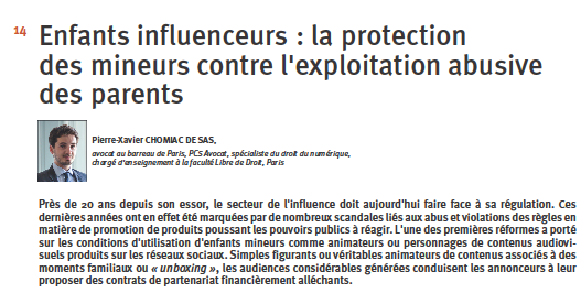 Article de Pierre Chomiac dans la revue LexisNexis - droit de la famille sur le droit des enfants influenceurs
